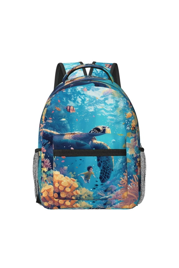 Colorful Underwater Plant Turtle Pattern Durable Student Backpack Laptop Bag- Ergonomic Design, Waterproof Twill Fabric - Ideal for School, Travel, and Outdoor Activities