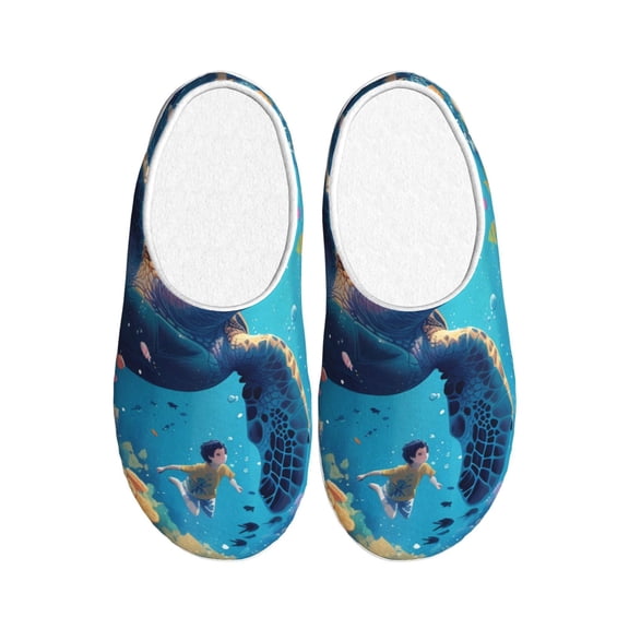 Rateoe Colorful Underwater Plant Turtle Print Women's Men's Cotton Knit Slippers Lightweight Memory Foam Indoor House Shoes with Anti-Skid Sole-37/38