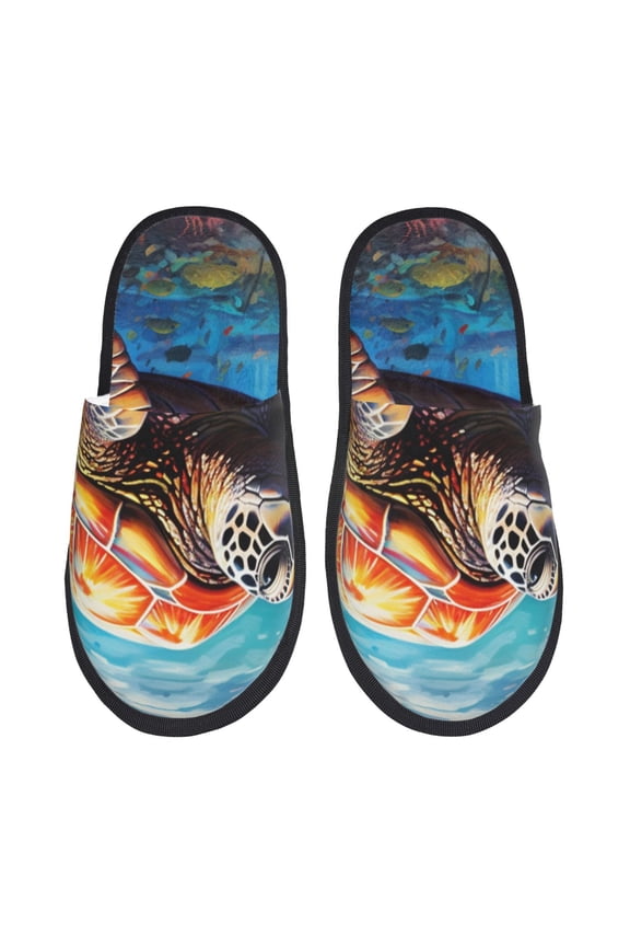 Colorful Underwater Sea Turtle Pattern Fuzzy Slippers Fuzzy Soft House Slippers Plush Furry Warm Cozy Open Toe Fluffy Home Shoes-Medium