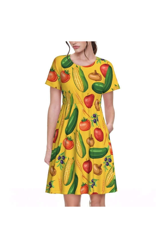 Colorful Vegetables Pattern Women’s Short Sleeve Dress – Casual Elegant Summer A-Line Dress for Everyday Wear
