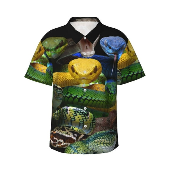 Rateoe Colorful Viper Snake Pattern Men’s Hawaiian Shirt – Short Sleeve Button-Down Tropical Beach Shirt, Lightweight & Breathable Casual Aloha Shirt with Pocket,Large