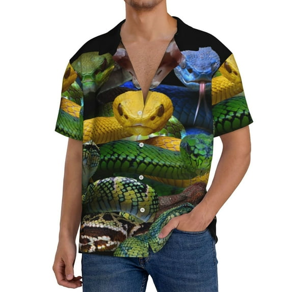 Rateoe Colorful Viper Snake Pattern Men's Short Sleeve Classic Shirt, Casual Short-Sleeved Shirt, Lightweight Summer Shirt, Cuban Collar Shirt,Button-Front Shirt-X-Large