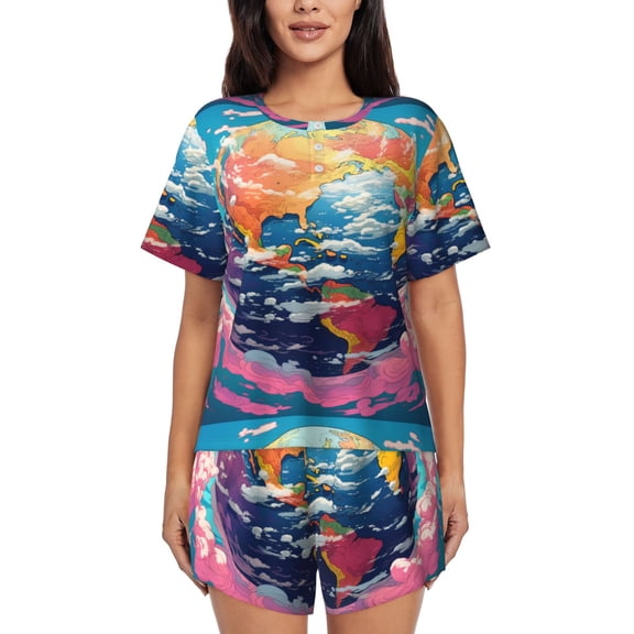 Rateoe Colorful Whimsical Earth Pattern Women's Short-Sleeved Pajama Set - 2 Piece Soft and Lightweight Sleepwear Set-Large