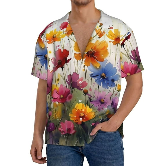 Rateoe Colorful Wildflower Meadow Pattern Men's Short Sleeve Classic Shirt, Casual Short-Sleeved Shirt, Lightweight Summer Shirt, Cuban Collar Shirt,Button-Front Shirt-Medium