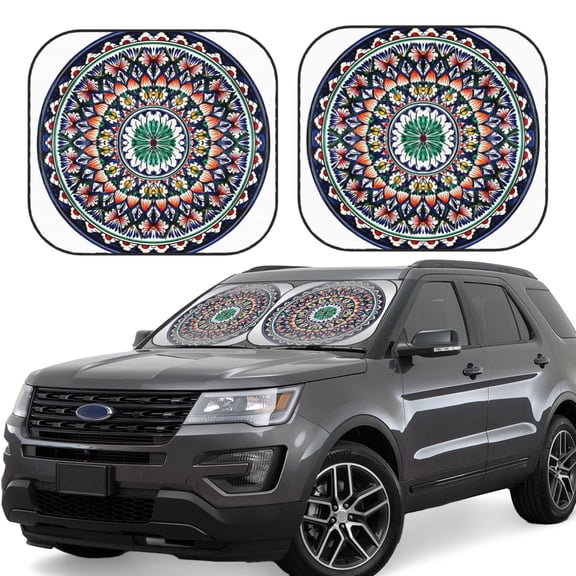 Rateoe Colorful With Blue Oriental Pattern 2 Piece Car Windshield Sun Shade Foldable | Front Windshield Shade for Sun, Heat and UV Rays | Sunshade for Car Front Window-Large