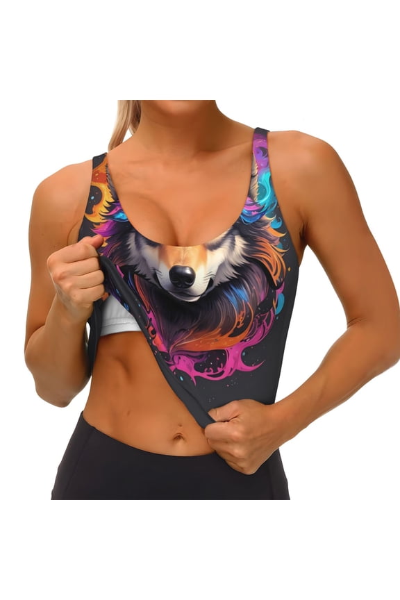 Colorful Wolf Head Print Womens' Sports Bras Scoop Neck Sports Vest- Padded U Back Seamless High Impact Support