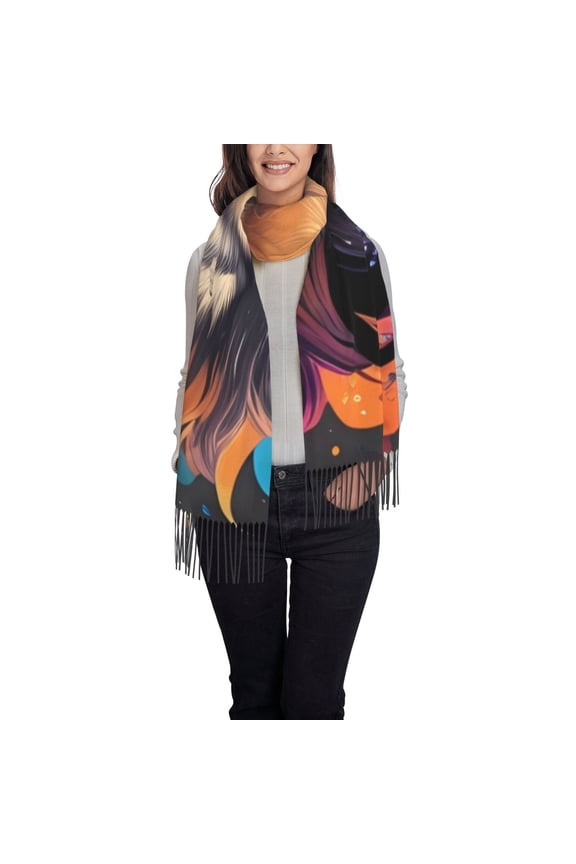 Colorful Wolf Head Women's Traditional Scarf Wrap Tassel Shawl Fringes Neck Head Shawl Retro Scarf