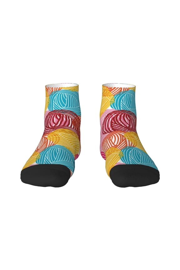 Colorful Wool Balls Pattern Quarter Crew Socks,Toe Seamed Ankle Socks,Cotton Cushioned Breathable Athletic Crew Sports Socks