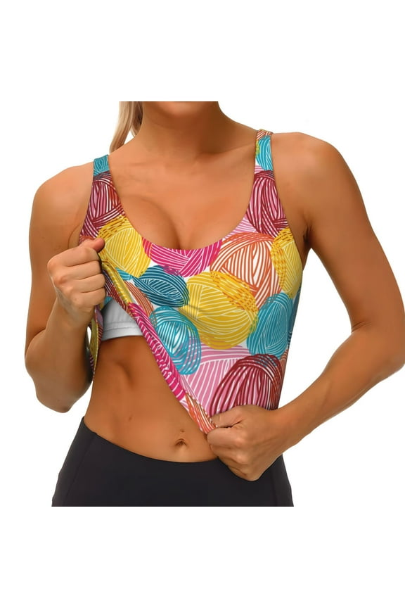 Colorful Wool Balls Print Womens' Sports Bras Scoop Neck Sports Vest- Padded U Back Seamless High Impact Support