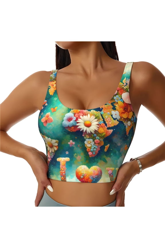 Colorful World Map Print Womens' Sports Bras Scoop Neck Sports Vest- Padded U Back Seamless High Impact Support-Medium