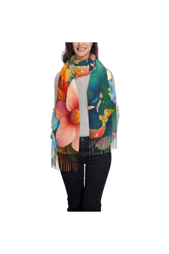 Colorful World Map Women's Traditional Scarf Wrap Tassel Shawl Fringes Neck Head Shawl Retro Scarf