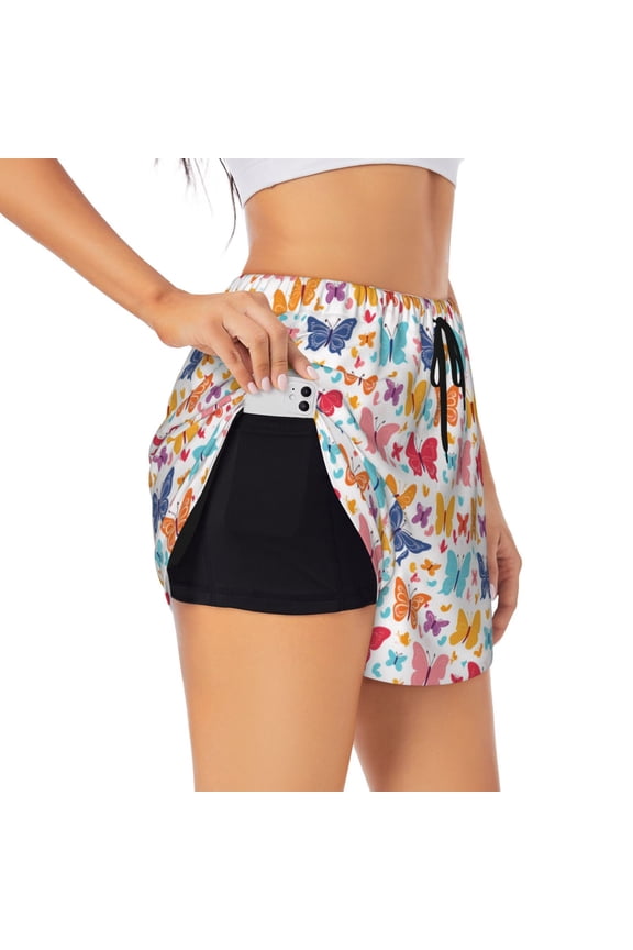 Colorful butterflies Printed 2 in 1 Women's Workout Shorts for Athletic Gym Running Shorts with Phone Pockets-Large
