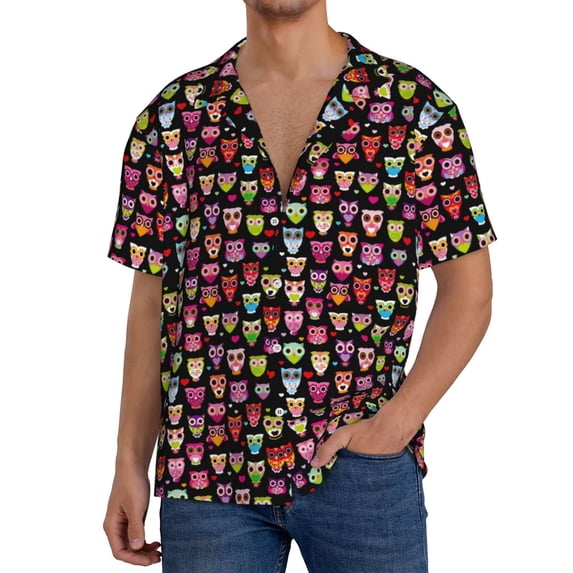 Rateoe Colourfull Owl Pattern Men's Short Sleeve Classic Shirt, Casual Short-Sleeved Shirt, Lightweight Summer Shirt, Cuban Collar Shirt,Button-Front Shirt-Medium