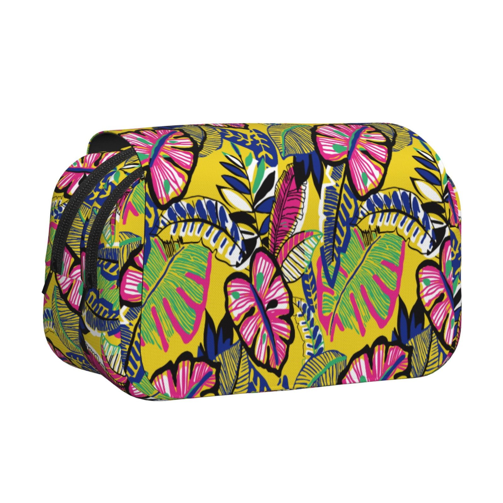 Rateoe Colrful Tropical Leaves Pattern Double Clamshell Pen Case, Storage Organizer with Two Zipper Compartments– Holds Up to 50 Pencils & Pens