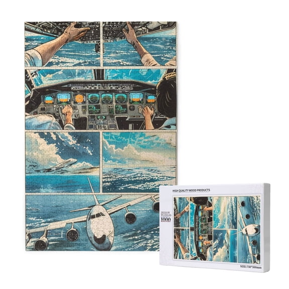 Rateoe Comic Airplane Cockpit Illustration Pattern Wooden Picture Puzzle ,1000 Piece Jigsaw Puzzle ,Family Fun Puzzle, Home Décor Puzzle, Gift Puzzle(Vertical style)