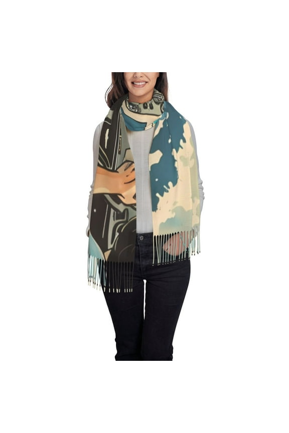 Comic Airplane Cockpit Illustration Women's Traditional Scarf Wrap Tassel Shawl Fringes Neck Head Shawl Retro Scarf