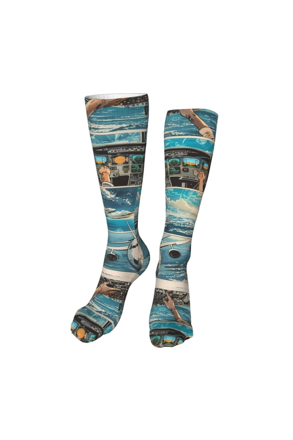 Comic Airplane Cockpit Illustration print Women's Men's Novelty 20in Crew Socks Cotton Socks Knee High Socks for Walking,Running,Nurses,Pregnancy-One Size