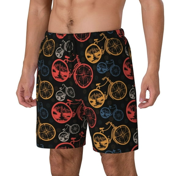 Rateoe Compass And Mountains In Bicycle Wheels1 Pattern Men’s Swim Shorts with Compression Liner – Double-Layered Quick-Dry Swimwear, Comfortable & Stretchy Beach Shorts-Medium