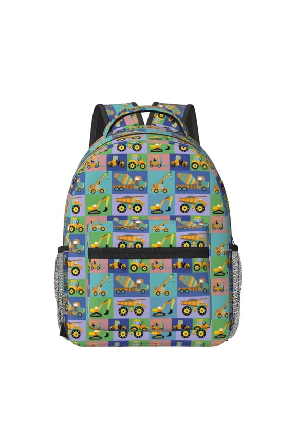 Construction Machinery Pattern Durable Student Backpack Laptop Bag- Ergonomic Design, Waterproof Twill Fabric - Ideal for School, Travel, and Outdoor Activities