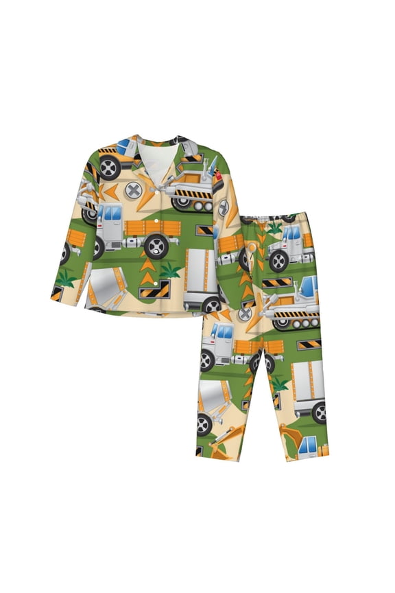 Construction Machinery1 Pattern Womens Pajamas Set Long Sleeve Sleepwear Button Down Nightwear Soft Cotton Pj Lounge Sets