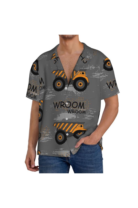 Construction Machines Pattern Men's Short Sleeve Classic Shirt, Casual Short-Sleeved Shirt, Lightweight Summer Shirt, Cuban Collar Shirt,Button-Front Shirt-Small