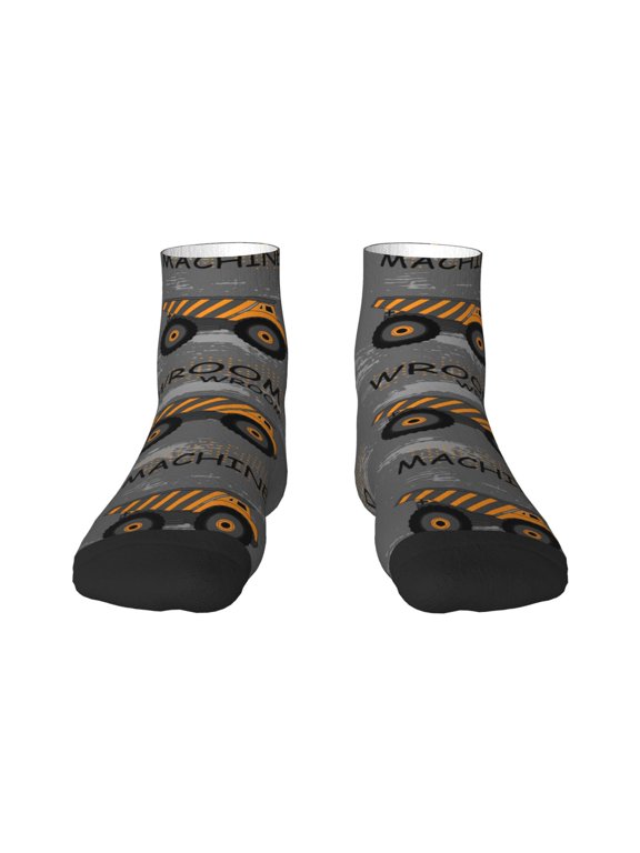 Construction Machines Pattern Quarter Crew Socks,Toe Seamed Ankle Socks,Cotton Cushioned Breathable Athletic Crew Sports Socks