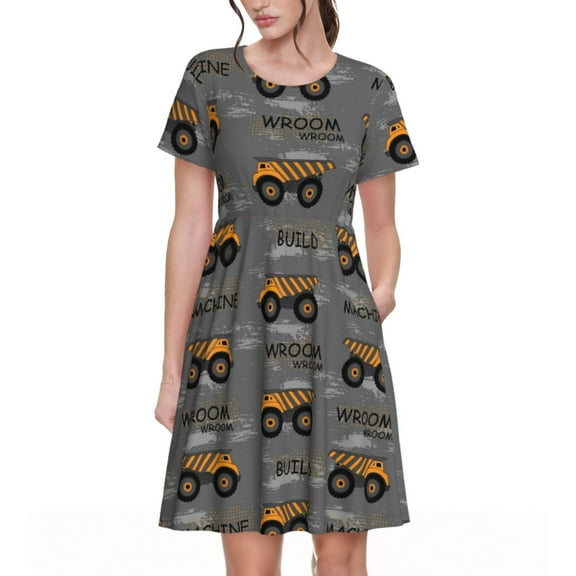 Rateoe Construction Machines Pattern Women’s Short Sleeve Dress – Casual Elegant Summer A-Line Dress for Everyday Wear