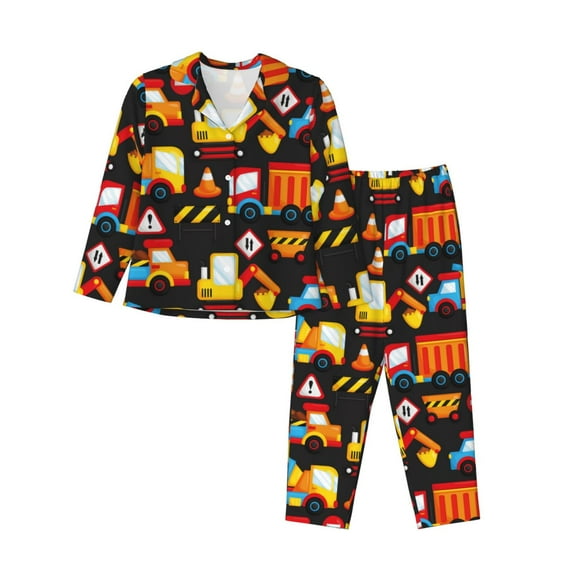 Rateoe Construction Truck Pattern Womens Pajamas Set Long Sleeve Sleepwear Button Down Nightwear Soft Cotton Pj Lounge Sets