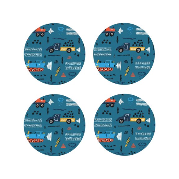 Rateoe Construction Trucks Drawing Drink Coasters Set of 4 Leather Coasters Spill Protection for Table Desk,Durable and Non Slip Leather Coaster ,4 Inches Drink Mats-Round Shape