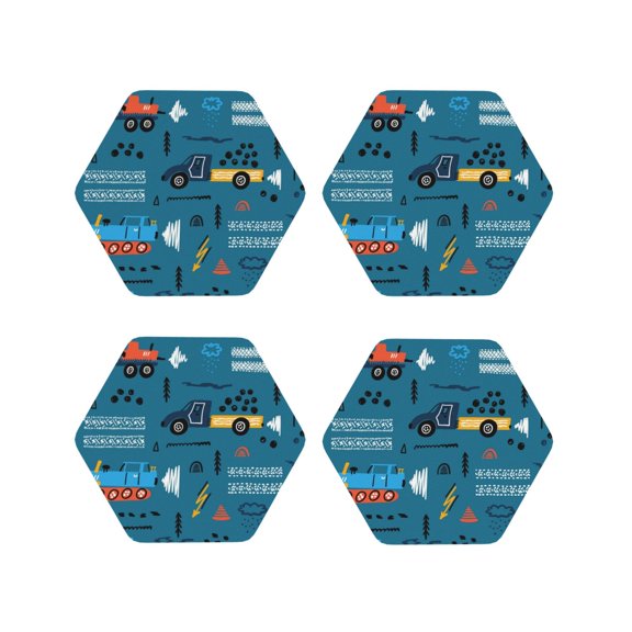 Rateoe Construction Trucks Drawing Drink Coasters Set of 4 Leather Coasters Spill Protection for Table Desk,Durable and Non Slip Leather Coaster ,4 Inches Drink Mats-Hexagon