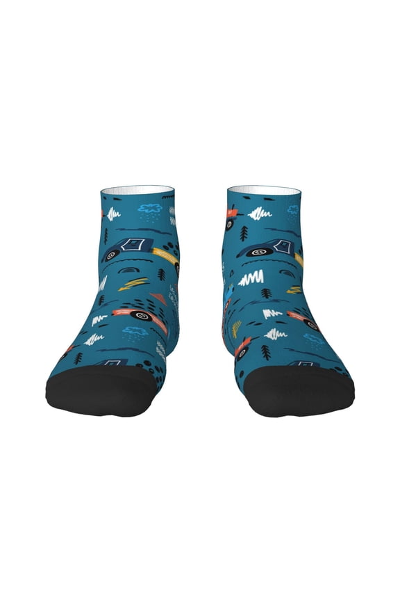 Construction Trucks Pattern Quarter Crew Socks,Toe Seamed Ankle Socks,Cotton Cushioned Breathable Athletic Crew Sports Socks