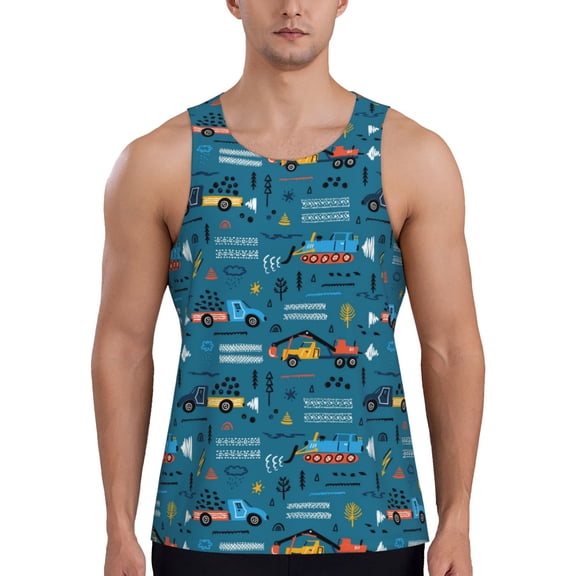 Rateoe Construction Trucks Pattern Sleeveless Gym Shirt Muscle Tee Breathable Workout Shirt Slim-Fit Tank Quick Dry Fit Muscle Tank Top Bodybuilding Sleeveless T Shirt-Medium