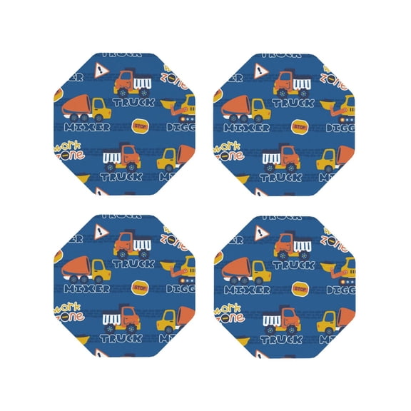 Rateoe Construction Vehicles Drawing Drink Coasters Set of 4 Leather Coasters Spill Protection for Table Desk,Durable and Non Slip Leather Coaster ,4 Inches Drink Mats-Octagon