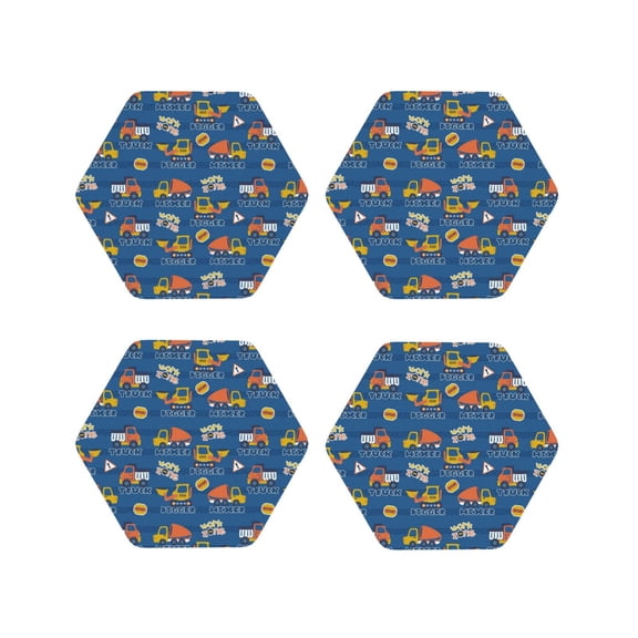 Rateoe Construction Vehicles Drawing Drink Coasters Set of 4 Leather Coasters Spill Protection for Table Desk,Durable and Non Slip Leather Coaster ,4 Inches Drink Mats-Hexagon