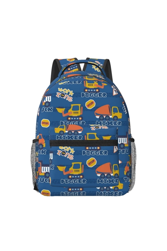 Construction Vehicles Pattern Durable Student Backpack Laptop Bag- Ergonomic Design, Waterproof Twill Fabric - Ideal for School, Travel, and Outdoor Activities