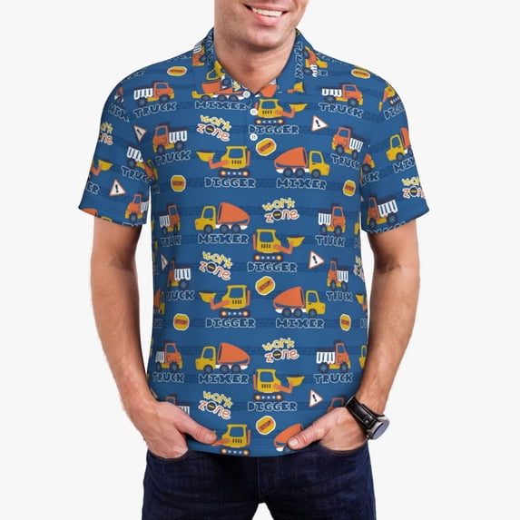 Rateoe Construction Vehicles Pattern Men's Short Sleeve Polo Shirts, Golf Polo Shirts Short Sleeve Performance Moisture Wicking Dry-XX-Large