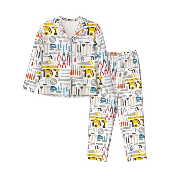 Rateoe Construction tools Pattern Womens Pajamas Set Long Sleeve Sleepwear Button Down Nightwear Soft Cotton Pj Lounge Sets-Medium