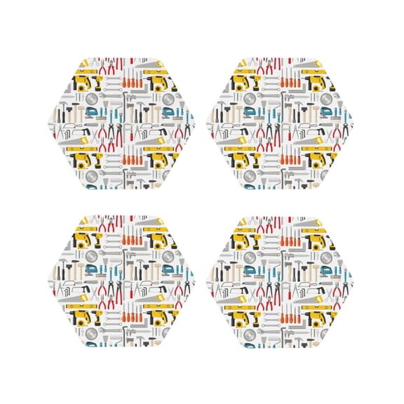 Rateoe Construction tools Printed Drink Coasters Set of 4 Leather Coasters Spill Protection for Table Desk,Durable and Non Slip Leather Coaster ,4 Inches Drink Mats-Hexagon