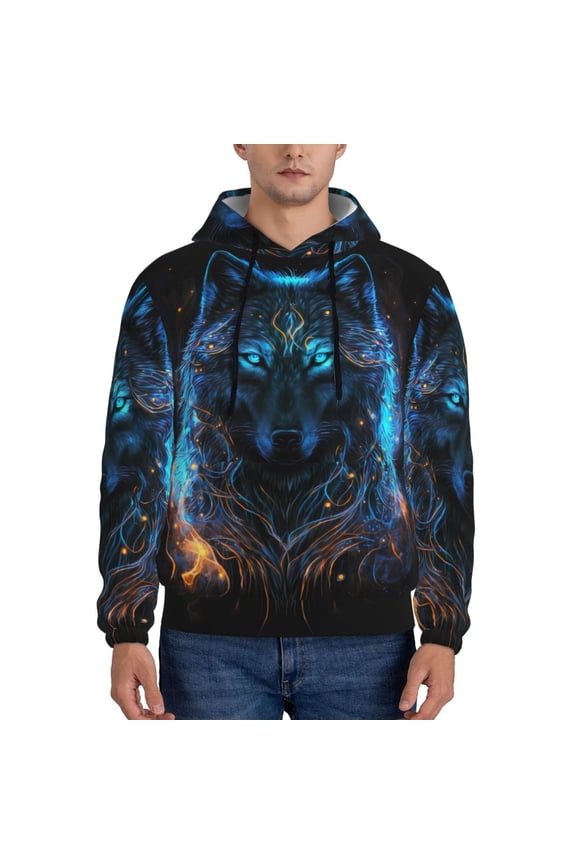 Cool Blue Light Wolf Pattern Mens Hoodie, Pullover Hooded Sweatshirt, Kangaroo Pocket Hoodie Ideal for Daily Wear, Travel and Home-XX-Large
