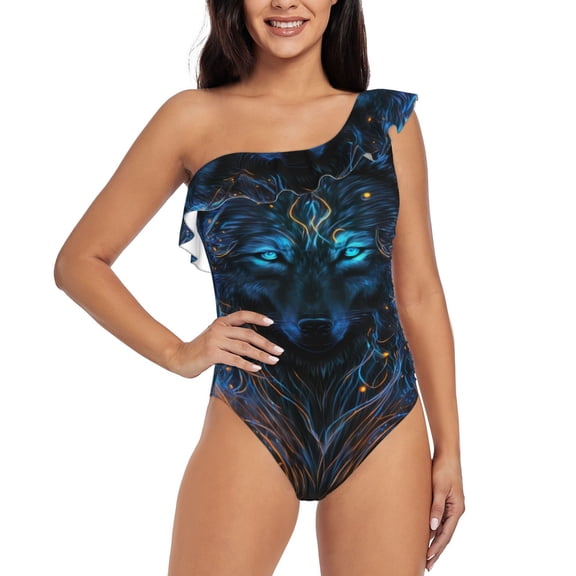 Rateoe Cool Blue Light Wolf Pattern Women One Piece Swimsuits Tummy Control One Shoulder Bathing Suits Ruffle Swimwear-XX-Large