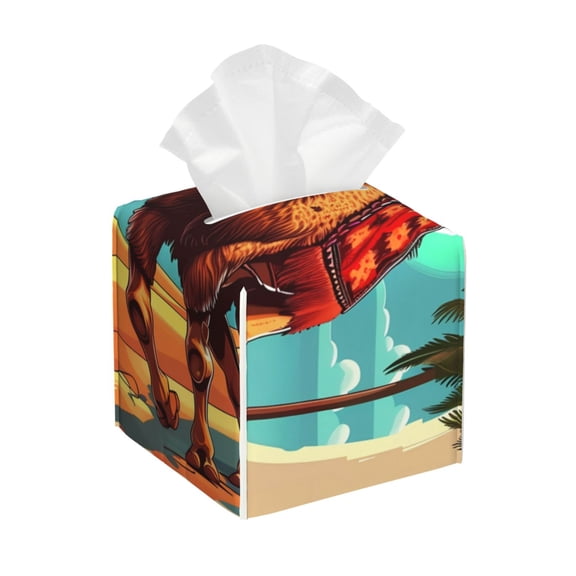 Rateoe Cool Camel Oasis Vibes Pattern Tissue Box Cover, Modern Square Decorative Leather Facial Paper Case Organizer Holder Dispenser 5X5X5''