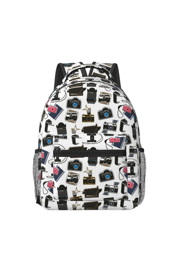 Cool Camera Pattern Durable Student Backpack Laptop Bag- Ergonomic Design, Waterproof Twill Fabric - Ideal for School, Travel, and Outdoor Activities