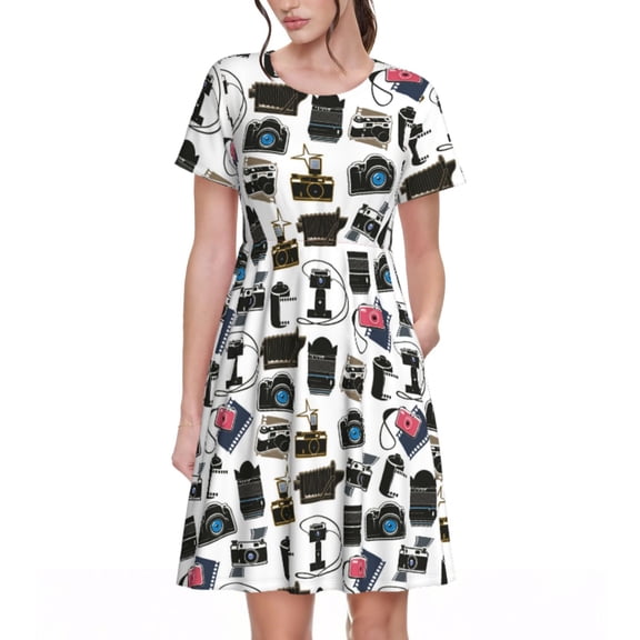 Rateoe Cool Camera Pattern Women’s Short Sleeve Dress – Casual Elegant Summer A-Line Dress for Everyday Wear