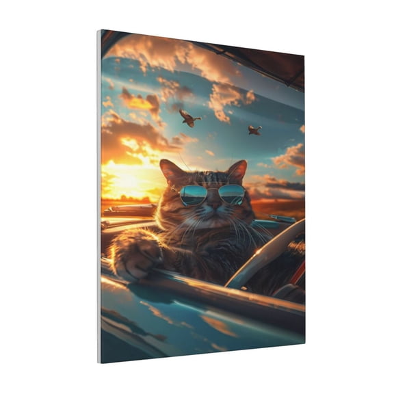 Rateoe Cool Cat Driving Sunset Pattern Decorative Picture – Unique Modern Wall Art, Ready-to-Hang Canvas Print for Home (Vertical)