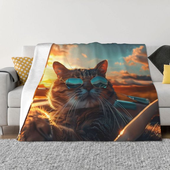 Rateoe Cool Cat Driving Sunset Pattern Flannel Throw Blanket, Ultra-soft Blanket for Bed, Couch, Car, Hypoallergenic Anti-pilling blanket-
