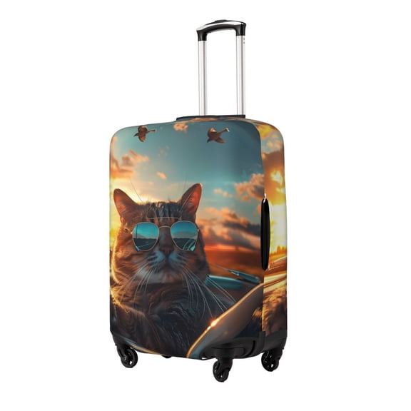 Rateoe Cool Cat Driving Sunset Printed Luggage Cover, Suitcase Protector Fits 18-32 Inch Luggage-Small