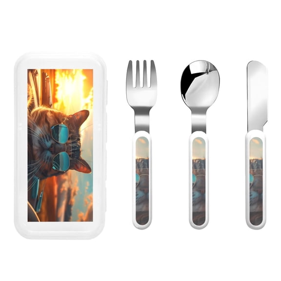 Rateoe Cool Cat Driving Sunset for Stainless Steel Kids Silverware Set - Child and Toddler Safe Flatware - Children's Knife, Fork And Spoon Set