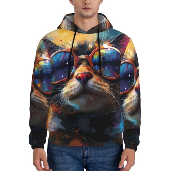 Rateoe Cool Cat With Sunglasses Pattern Mens Hoodie, Pullover Hooded Sweatshirt, Kangaroo Pocket Hoodie Ideal for Daily Wear, Travel and Home-X-Large