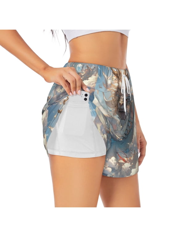 Cool Cloud White Dragon Printed 2 in 1 Women's Workout Shorts for Athletic Gym Running Shorts with Phone Pockets-XX-Large