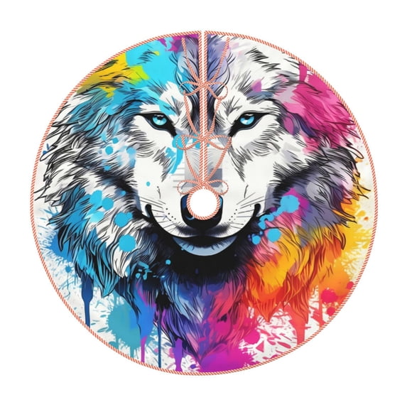 Rateoe Cool Colorful Wolf Pattern Christmas Tree Skirt with Ties , Christmas Tree Decorations, Farmhouse Christmas Decor Xmas Holiday Decorations-48"